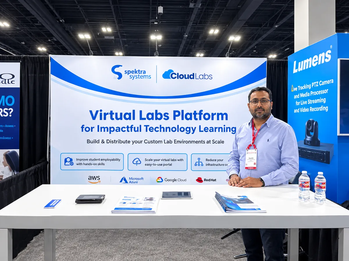 A CloudLabs team member at the Spektra Systems virtual labs platform counter