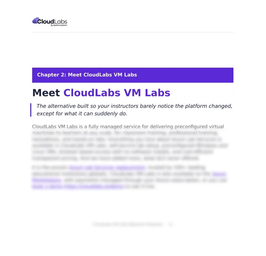 Meet CloudLabs VM Labs (Page 11) of the Azure Lab Services Migration Playbook: Chapter 2 opens with the fully managed Azure Lab Services replacement, trusted by 100+ institutions and on the Azure Marketplace.