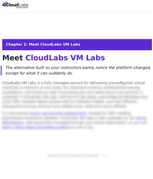 Meet CloudLabs VM Labs (Page 11) of the Azure Lab Services Migration Playbook: Chapter 2 opens with the fully managed Azure Lab Services replacement, trusted by 100+ institutions and on the Azure Marketplace.