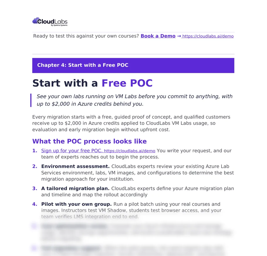 The POC process (Page 21) of the Azure Lab Services Migration Playbook: Six steps from sign-up to full migration support. Qualified migrations can get up to $2,000 in Azure credits.