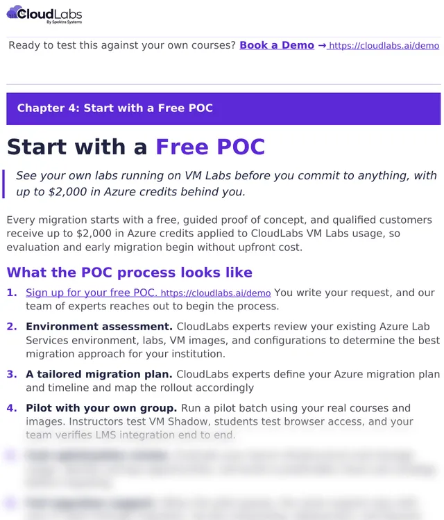 The POC process (Page 21) of the Azure Lab Services Migration Playbook: Six steps from sign-up to full migration support. Qualified migrations can get up to $2,000 in Azure credits.