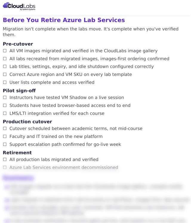 Pre-cutover checklist (Page 24) of the Azure Lab Services Migration Playbook: Sign-off in four stages: pre-cutover, pilot, production cutover and retirement. Cutover lands between terms.