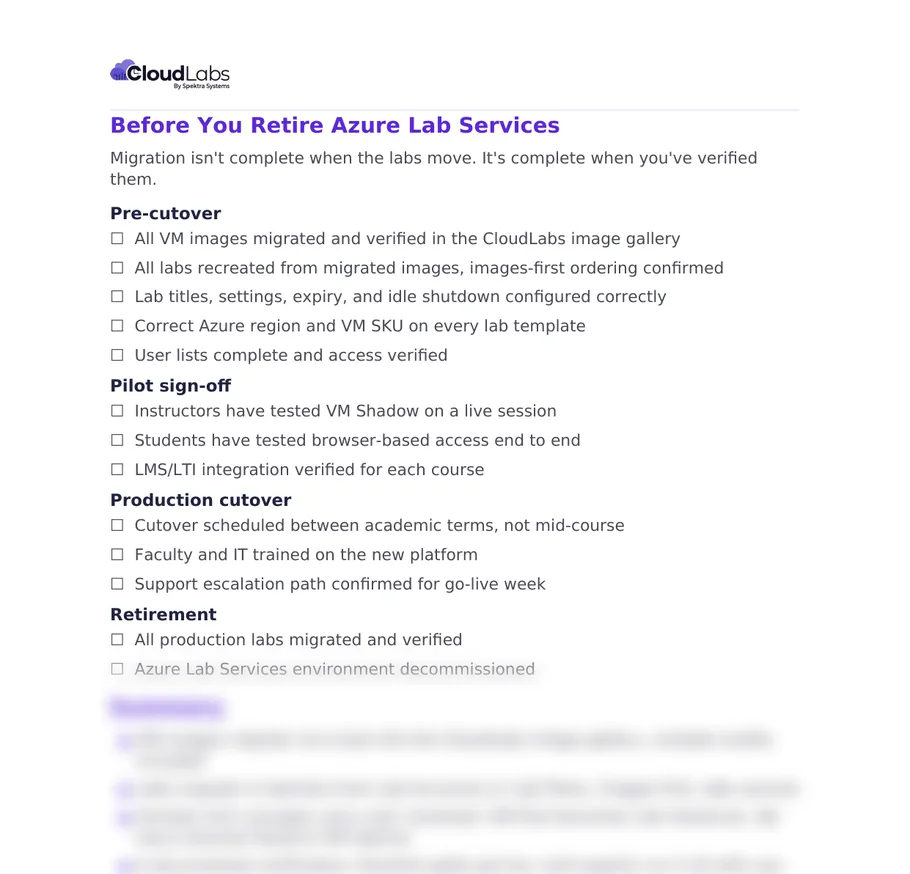 Pre-cutover checklist (Page 24) of the Azure Lab Services Migration Playbook: Sign-off in four stages: pre-cutover, pilot, production cutover and retirement. Cutover lands between terms.