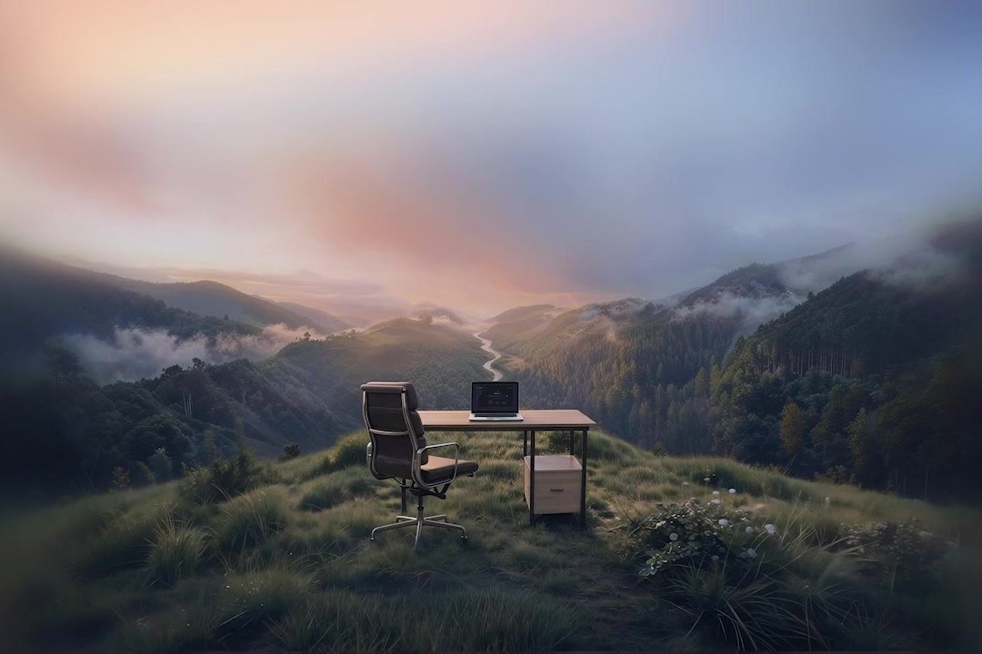 A laptop on a desk overlooking a mist-filled valley at sunrise, showing the CloudLabs Cosmos studio