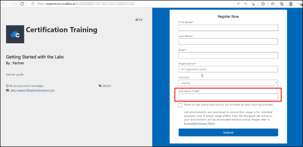 Microsoft Azure Pass-based labs Activation